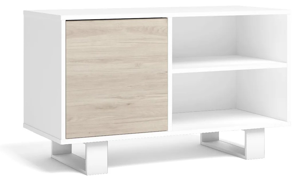 Móvel de TV 100 com porta esquerda, sala de estar, modelo WIND, cor da estrutura Branco, cor da porta Carvalho, medidas 95x40x57cm de altura.