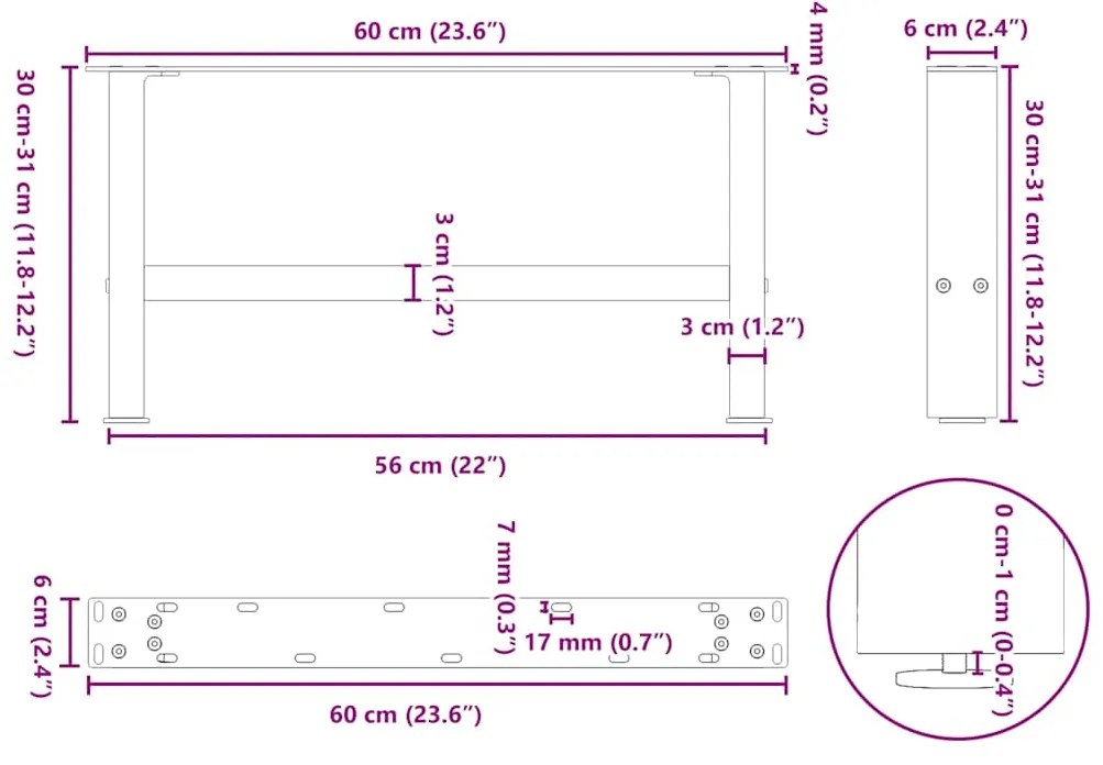 Pés para mesa de centro em aço natural, 2 peças, 60x (30-31) cm, aço