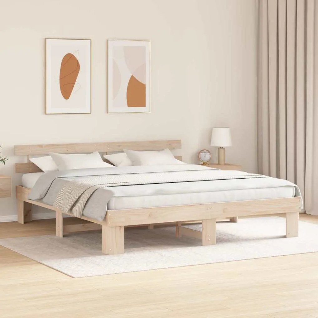 Estrutura de Cama com Cabeceira 180x200 cm Madeira Maciça de Pinho