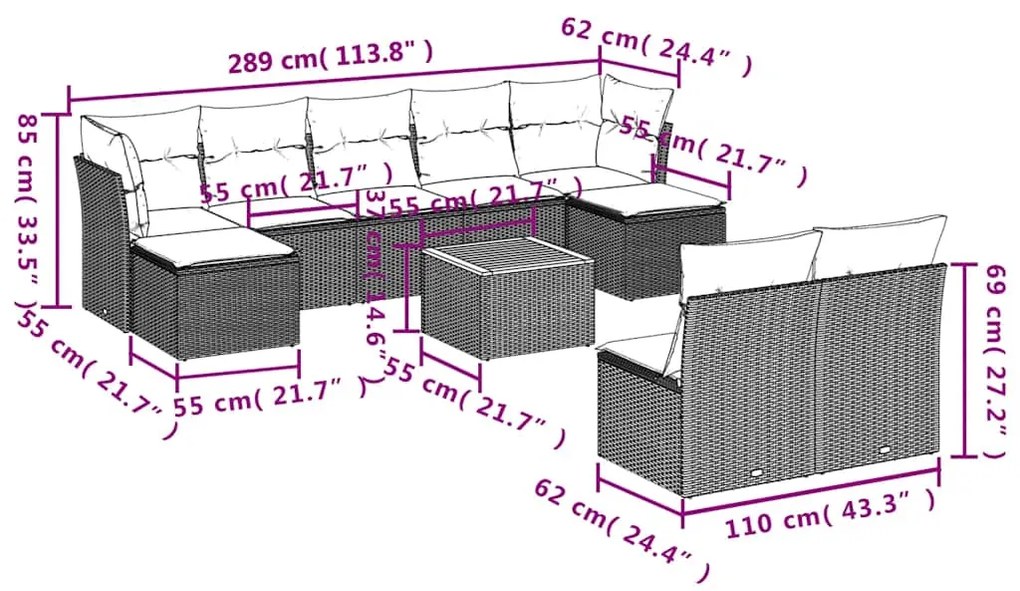 10 pcs conjunto sofás de jardim c/ almofadões vime PE preto