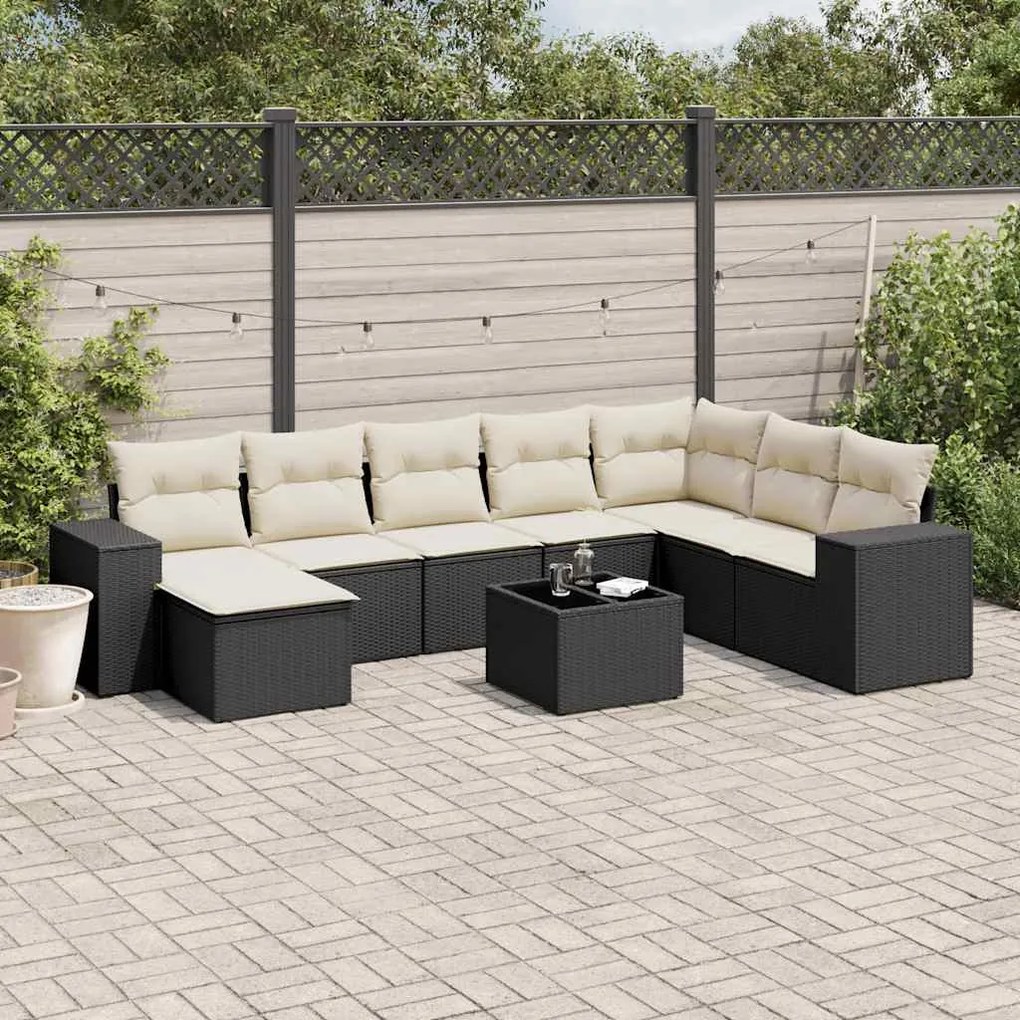 9 pcs conjunto de sofás p/ jardim c/ almofadões vime PE preto