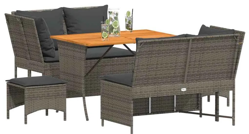 5 pcs conjunto sofás de jardim c/ almofadões vime PE cinzento