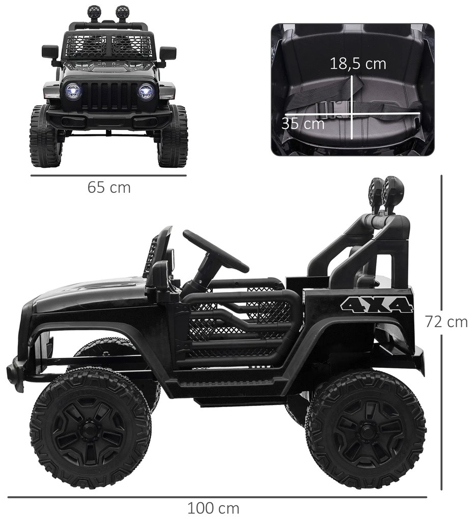 Jipe Elétrico para Crianças com Bateria de 12V 2 Motores Controlo Remoto 2,4G Faróis Buzina Velocidade Ajustável 100x65x72 cm Preto
