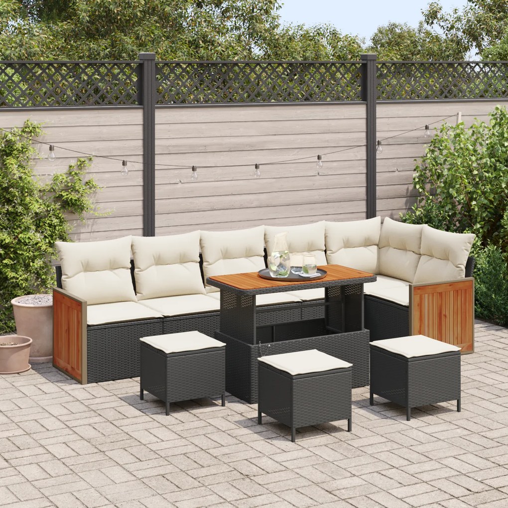 vidaXL Conjunto de Sofá de Jardim com 10 Peças e Almofadas Preto Vime Poliéster Acácia