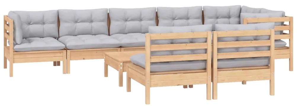 9 pcs conjunto lounge de jardim + almofadões cinza pinho maciço