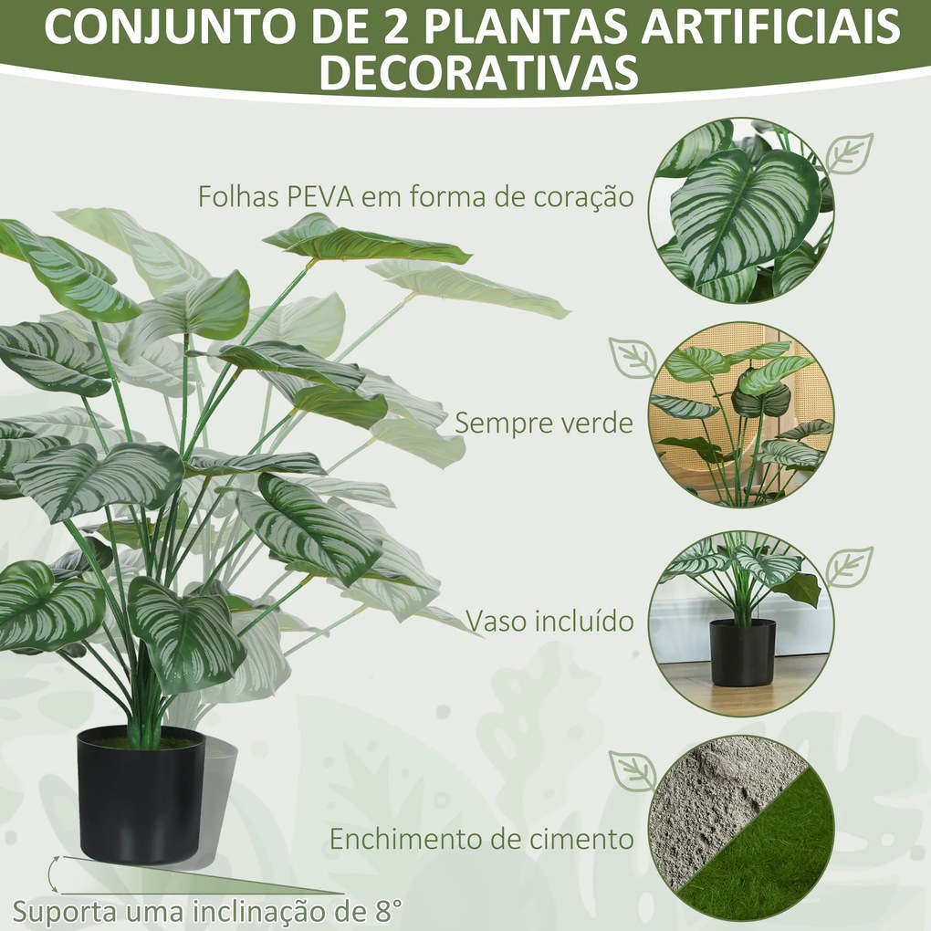 Conjunto de 2 Plantas Artificiais Decorativas 65 cm Plantas Artificiais com Vaso e Folhas para Interior Verde