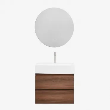 Conjunto De Móvel De Casa De Banho Suspenso Em Madeira E Folha De Freixo Com Lavatório Integrado Ona Madeira Escura & Redondo Led - Sklum