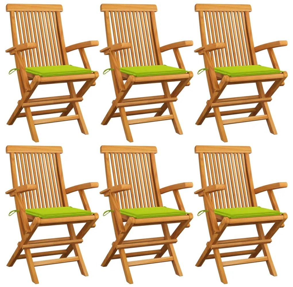 3062552 vidaXL Cadeiras jardim c/ almofadões verde brilhante 6 pcs teca maciça
