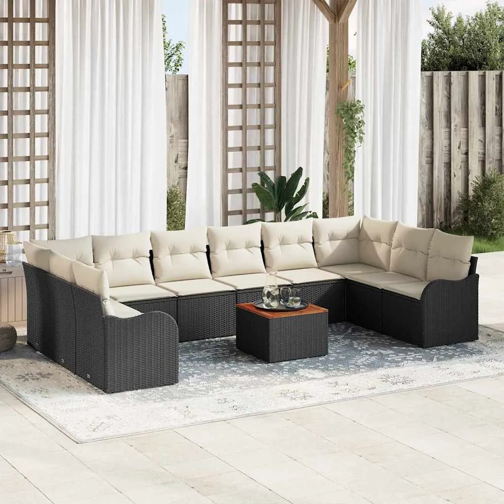 vidaXL Conjunto de Sofá de Jardim 11 pcs Preto e Creme vime PE