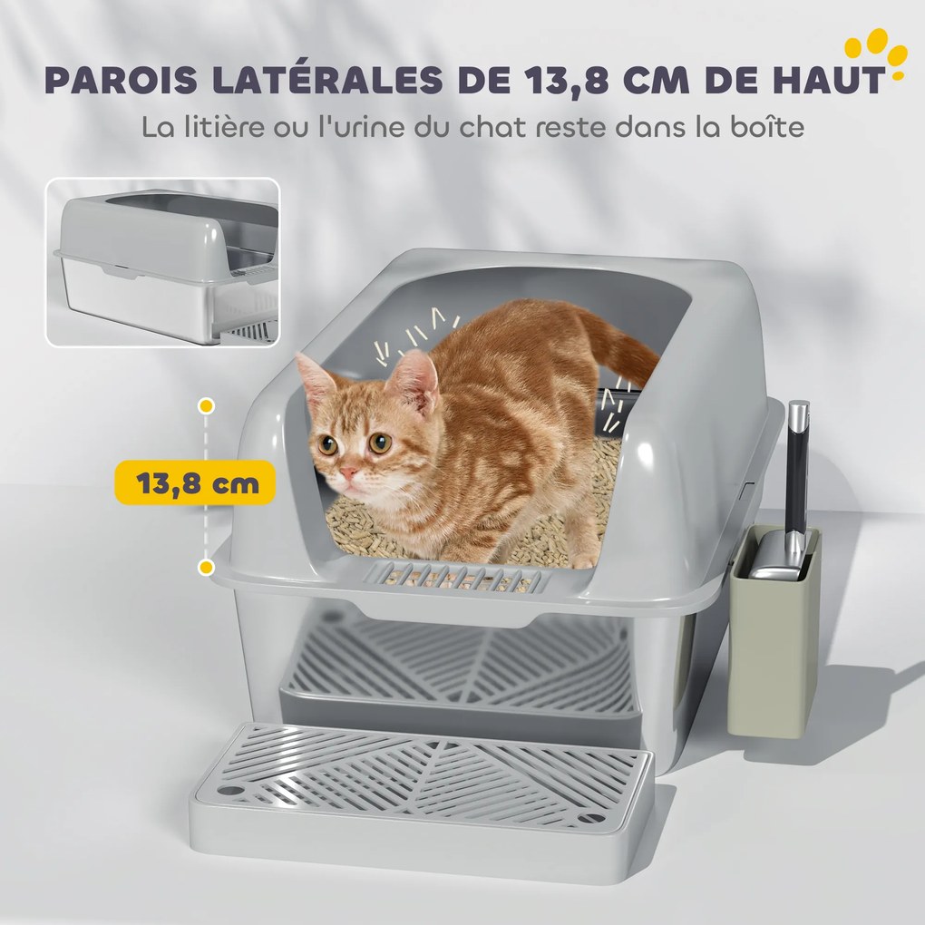 Caixa de areia para gatos em aço inoxidável 60,2 x 40,6 x 29 cm, fácil de limpar, com bordas altas para evitar fugas de urina, com pá incluída, cinzen