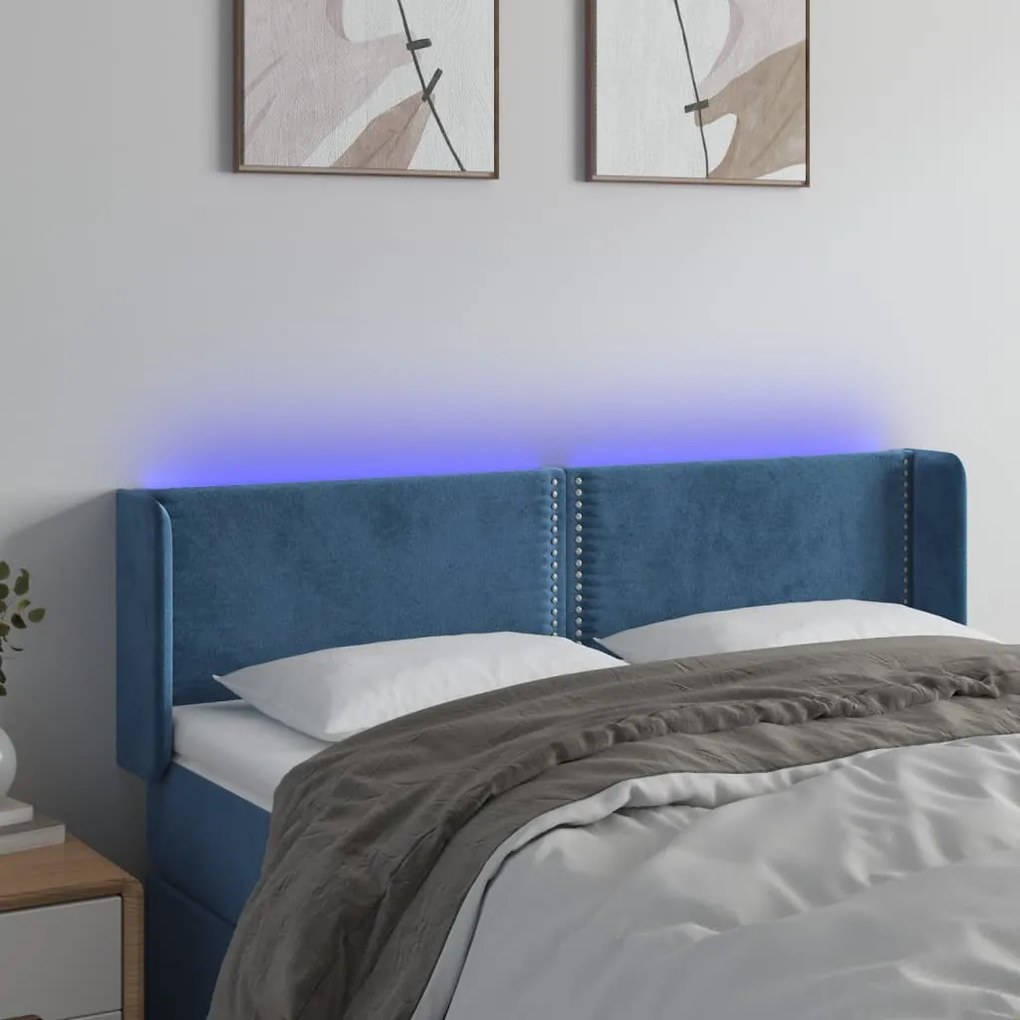 Cabeceira cama c/ luzes LED veludo 147x16x78/88 cm azul-escuro