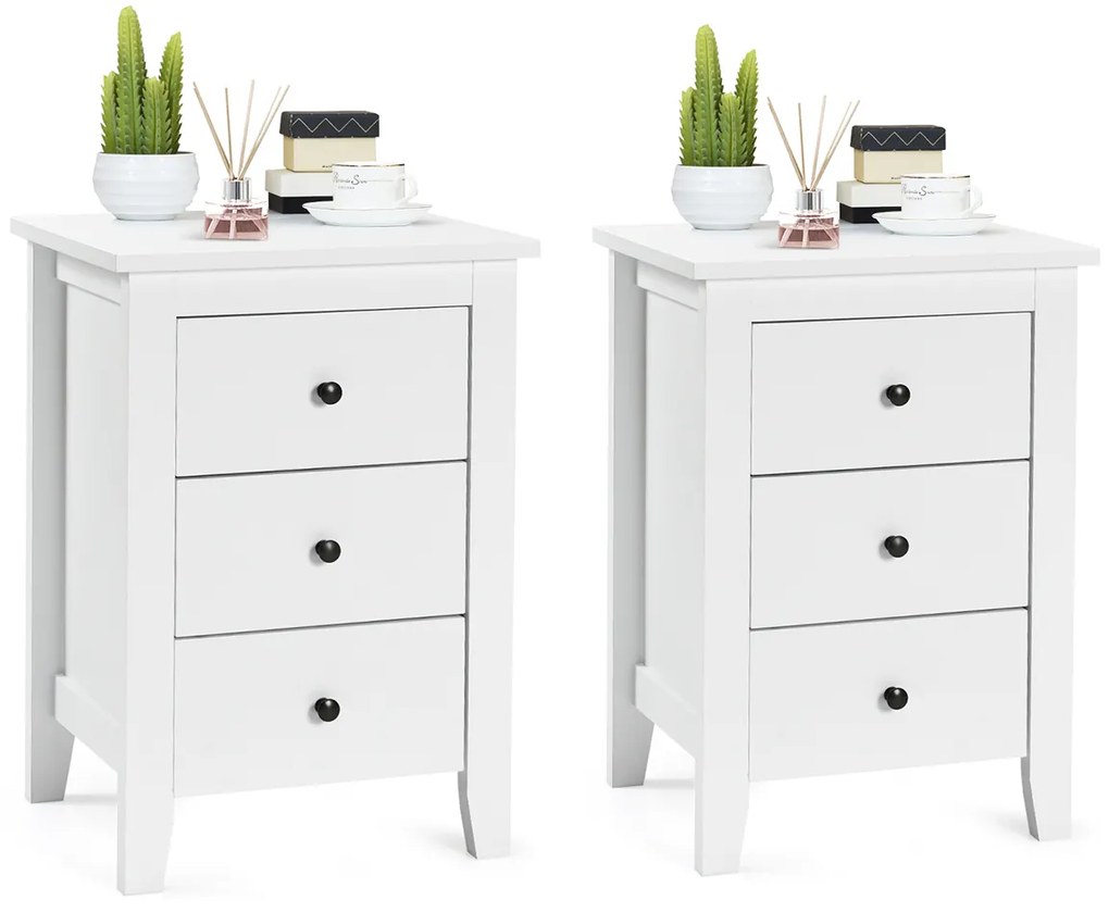 Conjunto de 2 Mesas Cabeceira com 3 Gavetas com Estrutura Resistente para Sala e Quarto 46 x 37 x 65 cm Branco
