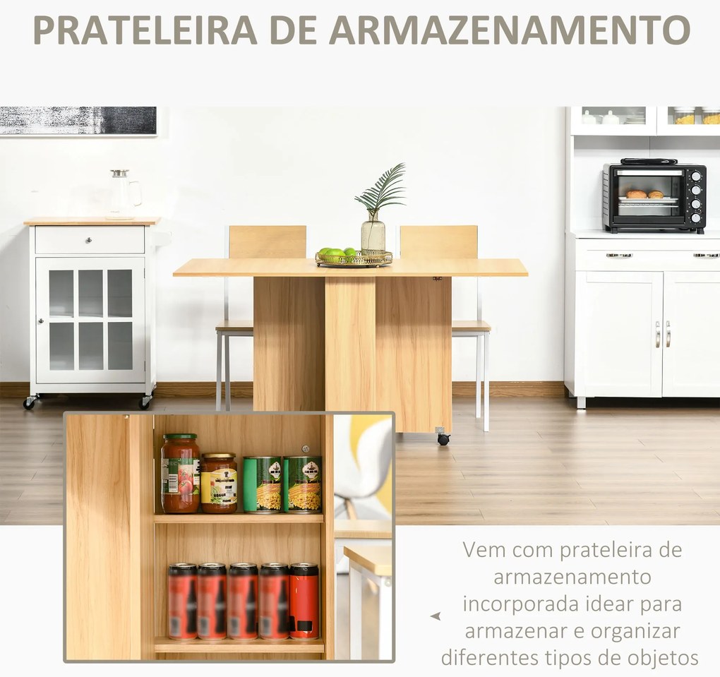 Mesa de Sala de Jantar Dobrável com Rodas Mesa Multifuncional para Sala de Jantar com 3 Formas 140x80x74cm Madeira