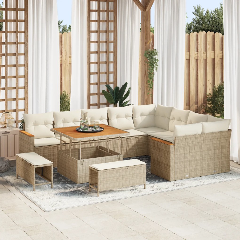 Conjunto de Sofá de Jardim de 12 Peças com Almofadas Bege Vime PE Acácia