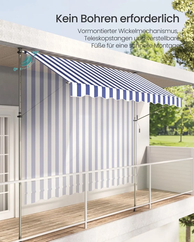 Toldo de fixação varanda 300 x 120 cm com manivela para proteção solar, azul e branco