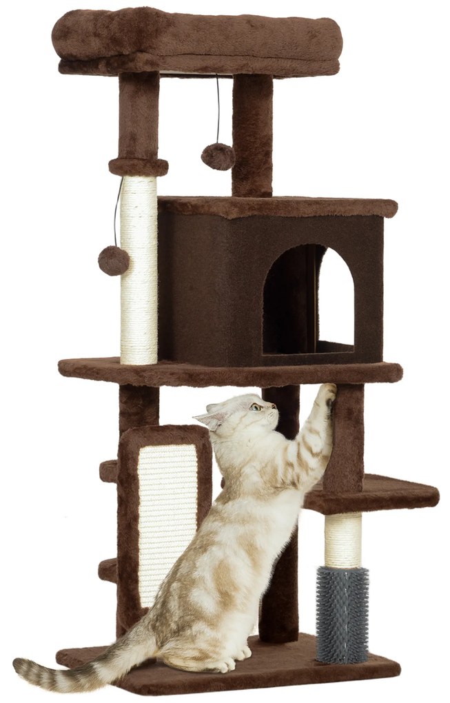 Arranhador para Gatos Grande Altura 104 cm com Plataformas Postes com Escova Bolas Suspensas e Almofadas para Arranhar Castanho e branco creme