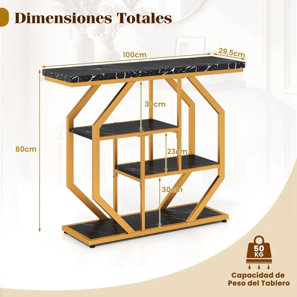 Mesa Consola Moderna 4 Níveis 100 x 29,5 x 80 cm Estrutura Metálica com Prateleiras e Superfície imitação Mármore Preto e Dourado
