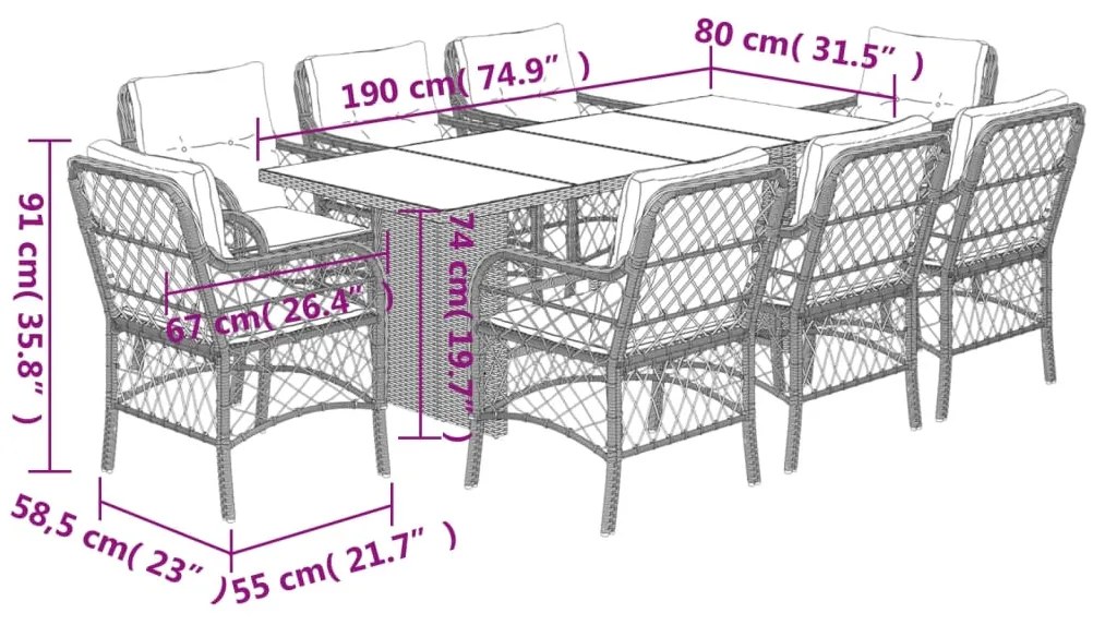 9 pcs conjunto de jantar p/ jardim c/ almofadões vime PE cinza