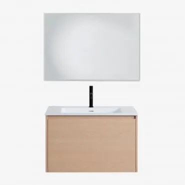 Conjunto De Móvel De Casa De Banho Suspenso 80x50 Cm Em Madeira Com Lavatório Integrado Jacob Madeira Natural & Led Retangular - Sklum
