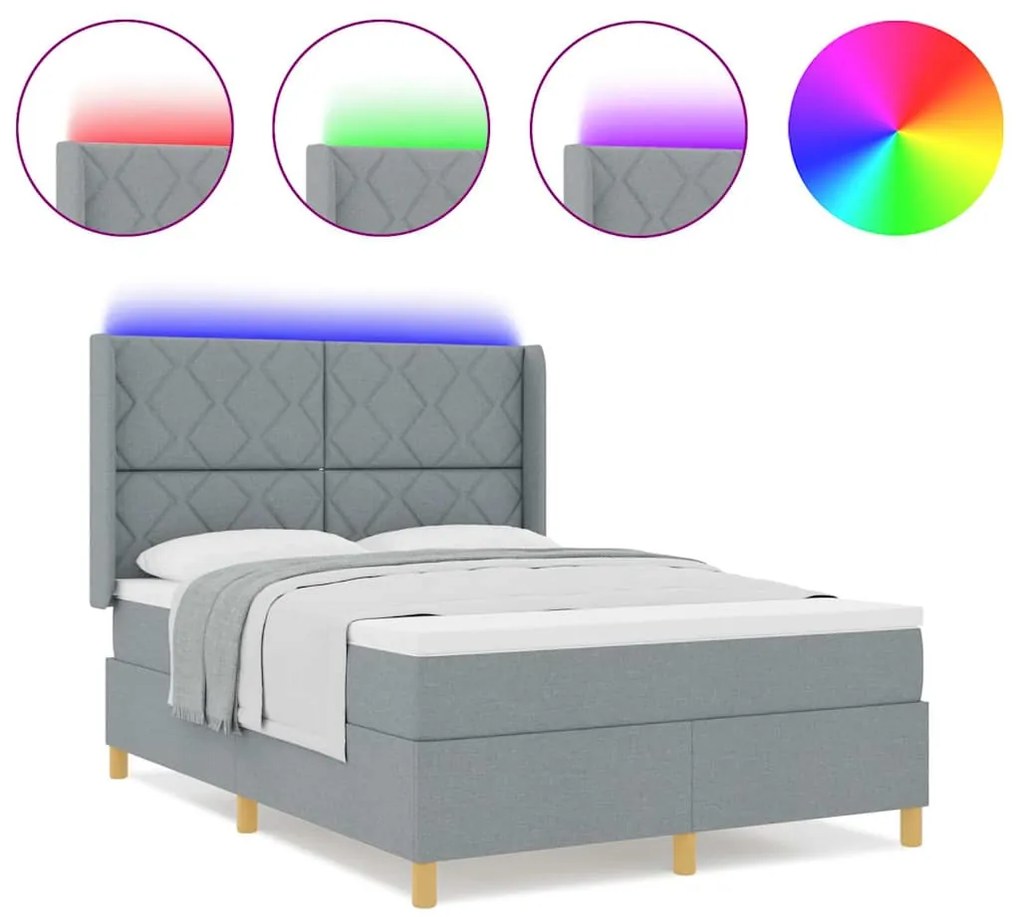 Cama Box Spring vidaXL com Colchão e Luz LED Cinza Claro 140x200 cm Te