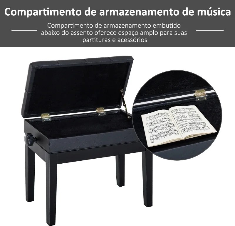 Banco de Piano com Espaço de Armazenamento Altura Ajustável com Assento Acolchoado Carga 200 kg 54,5x33x48-58 cm Preto