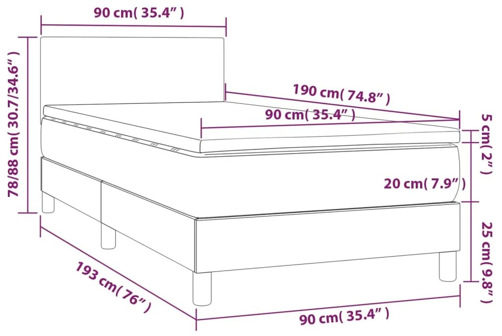 Cama box spring c/ colchão/LED 90x190 cm veludo cinzento-claro