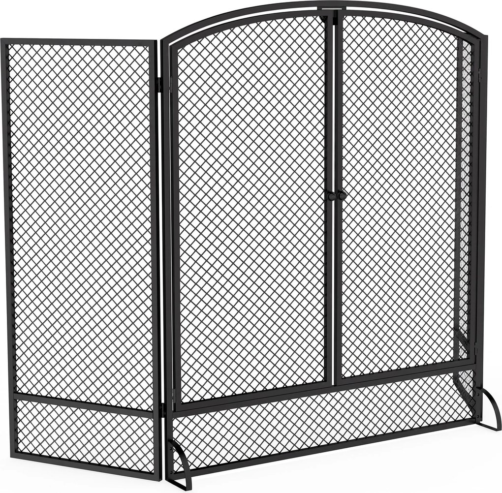 Proteção para Lareira Dobrável em Metal com 3 Painéis e Porta Dupla para Casa 122x75 cm Preto