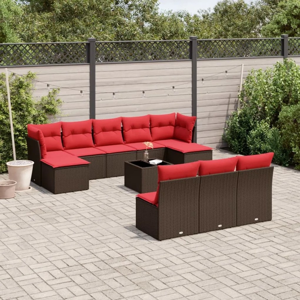 vidaXL 11 pcs conjunto sofás de jardim c/ almofadões vime PE castanho