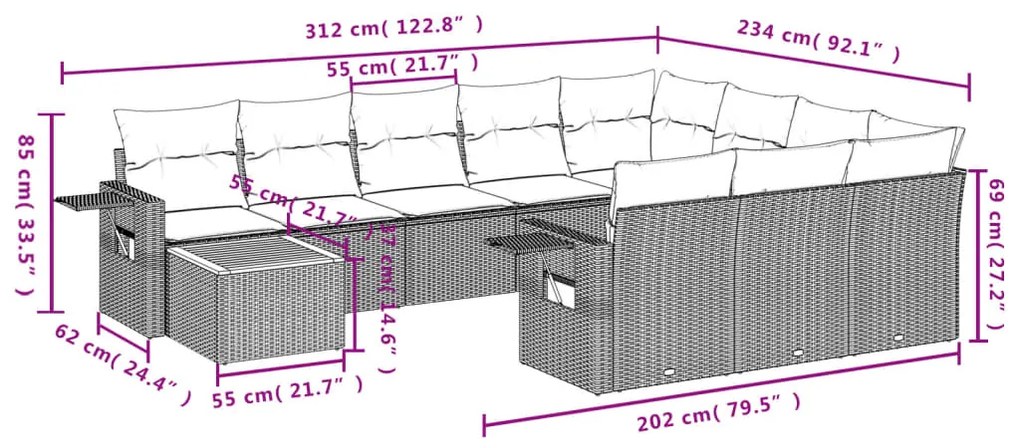 11 pcs conjunto sofás de jardim c/ almofadões vime PE preto