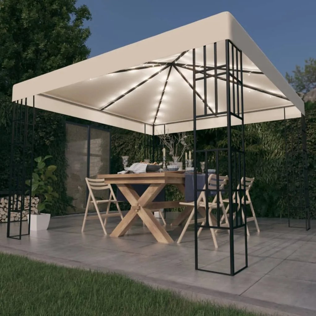 Gazebo com cordões de luzes LED 3x3 m cor creme
