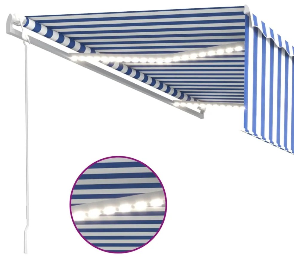 Toldo autom. c/ estore/LED/sensor de vento 5x3 m azul/branco