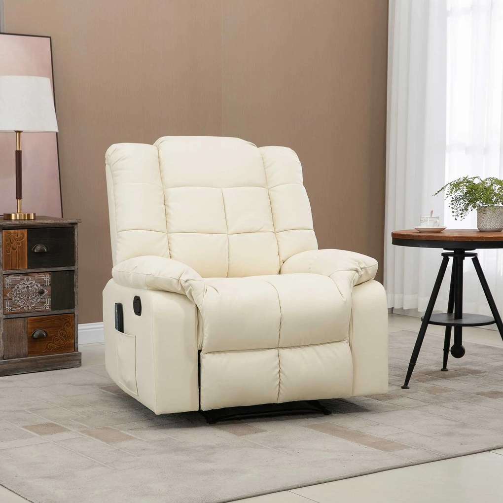 Poltrona de Massagem Poltrona Relax Reclinável com 8 Pontos de Massagem Controlo Remoto Estofada em PU 94x99x99 cm Creme