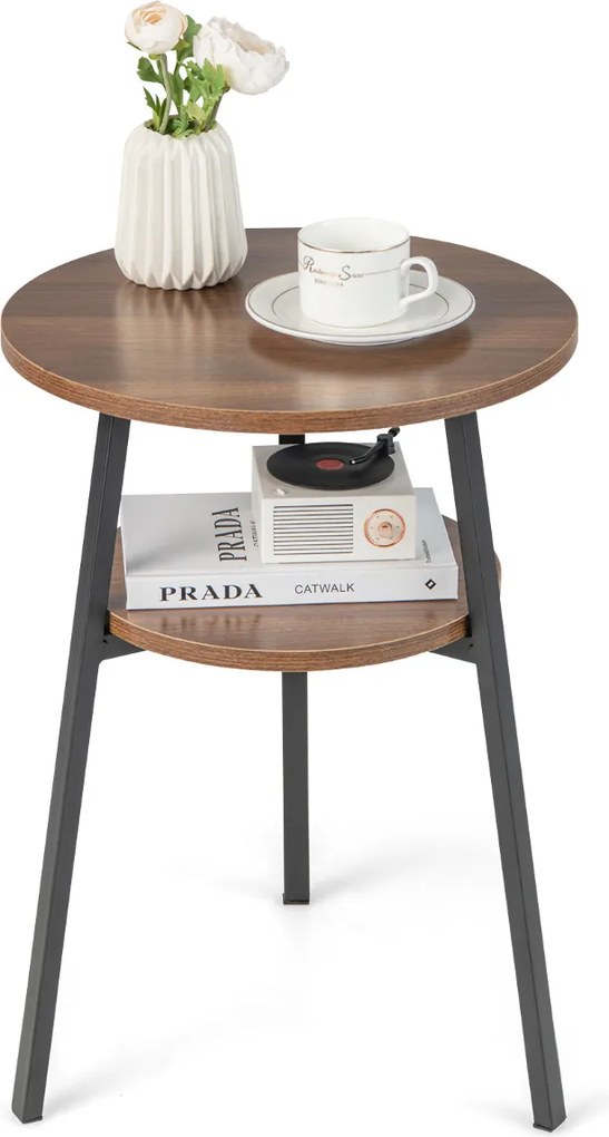Mesa Auxiliar Redonda de 2 Níveis, 43 x 39 x 55 cm, Arrumação Aberta, Cor Nogueira