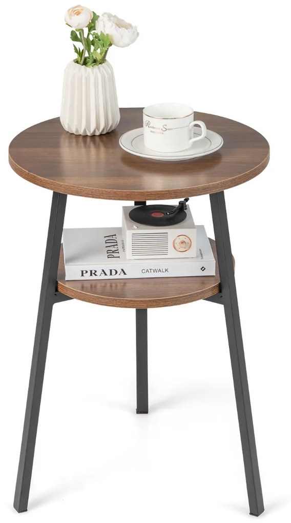 Mesa Lateral Redonda Mesa de Cabeceira de 2 Camadas com Prateleira Aberta Armação Triangular de Metal Retro Versátil para Sala de Estar de Quarto Nogueira