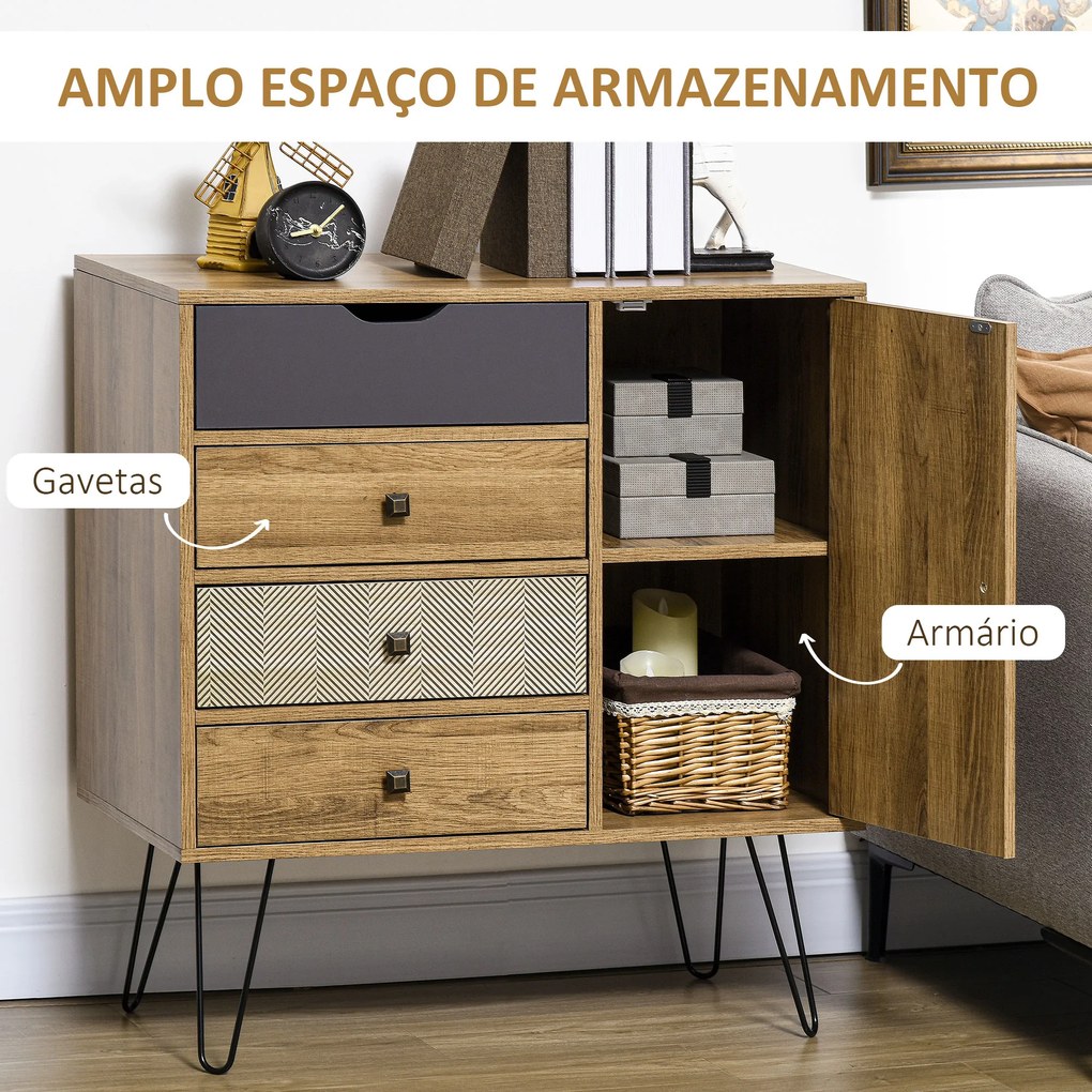 HOMCOM Cómoda com 4 Gavetas Gaveteiro de Madeira com Porta Prateleira Ajustável e Pés de Metal para Sala de Estar Dormitório Cozinha 79x39x86cm Marrom