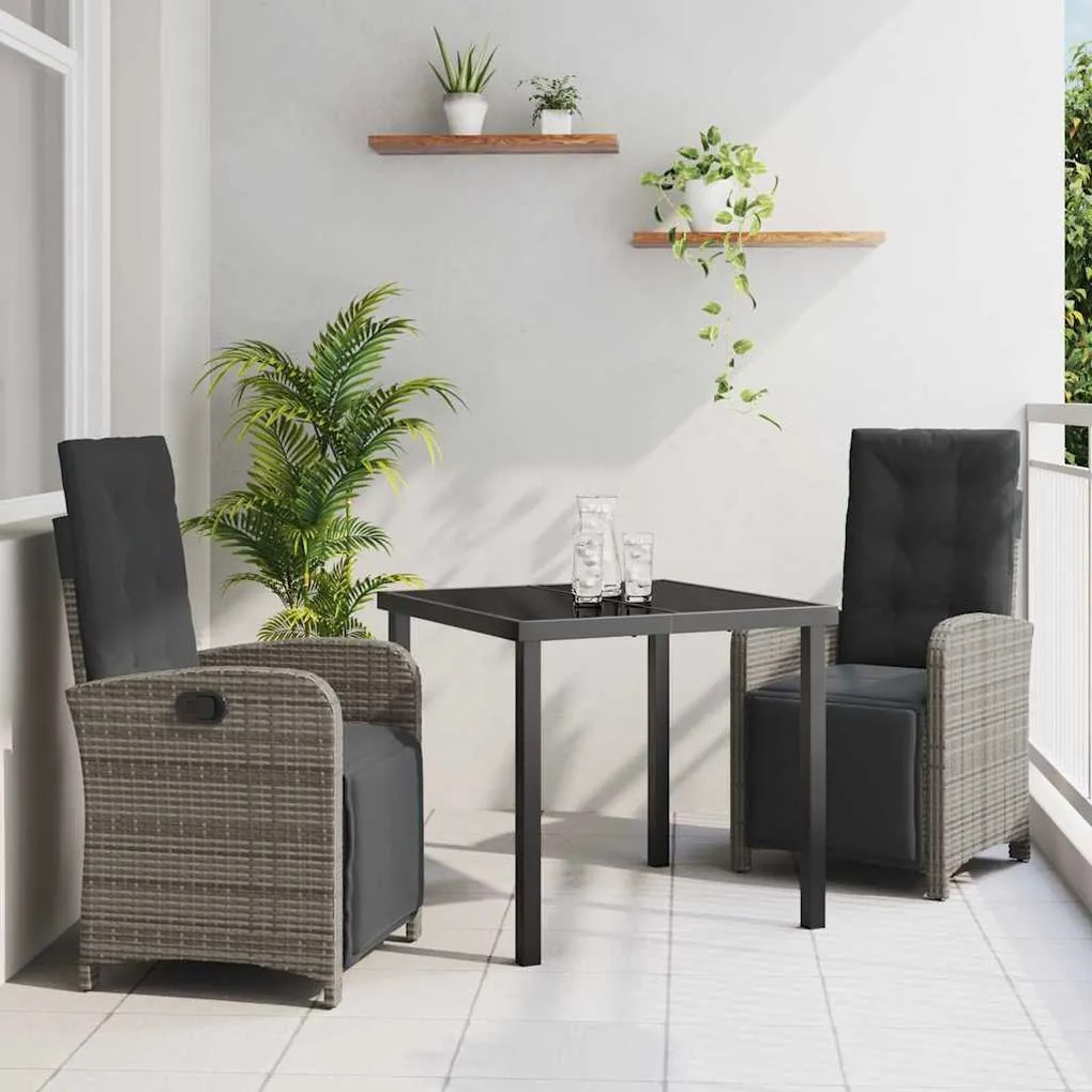 vidaXL Conjunto de Jantar para o Jardim em 3 Peças da com Almofadas Cinzas em Poliratan.