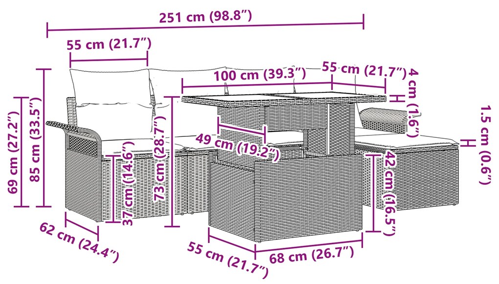 Conjunto de Sofá de Jardim de 6 Peças com Almofadas Preto Rattan Polié