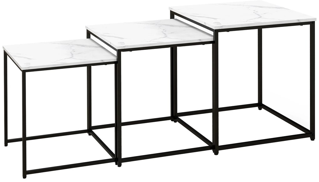 Conjunto de 3 Mesas Auxiliares para Sala de Estar com Efeito Mármore e Estrutura de Aço Estilo Moderno Branco e Preto