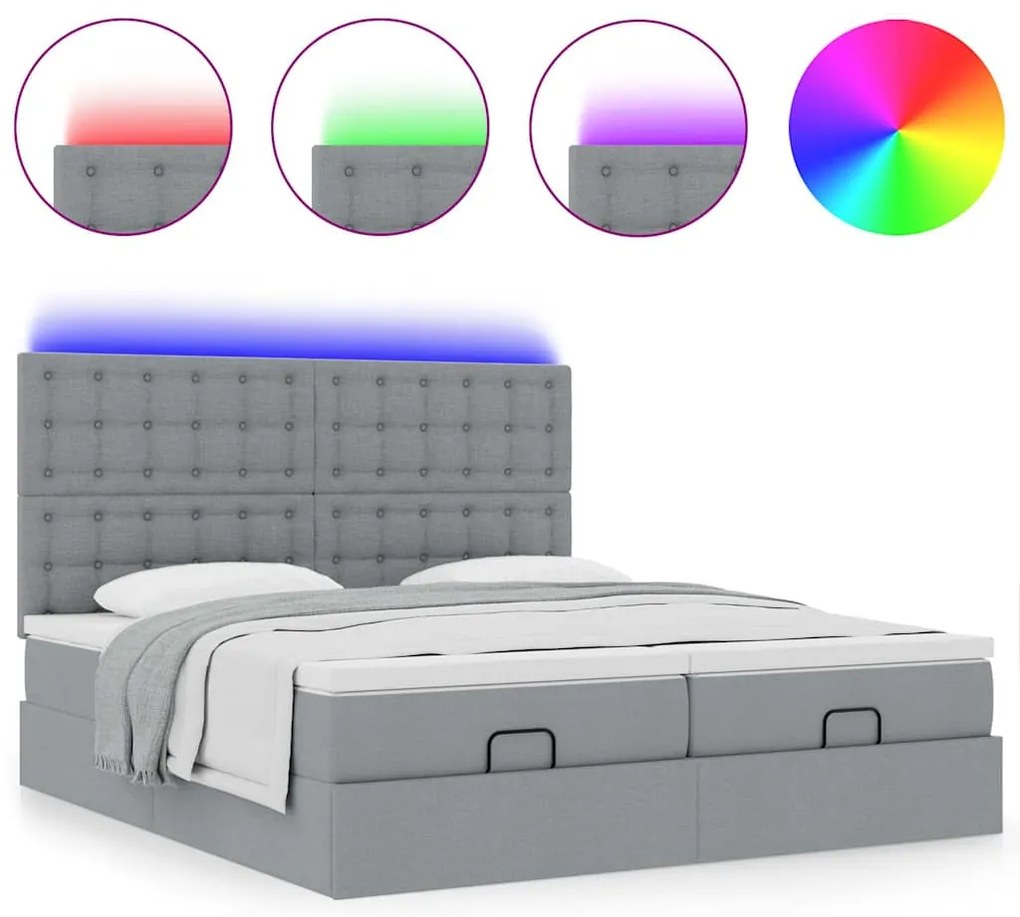 Estrutura de cama otomana com colchões tecido cinzento claro