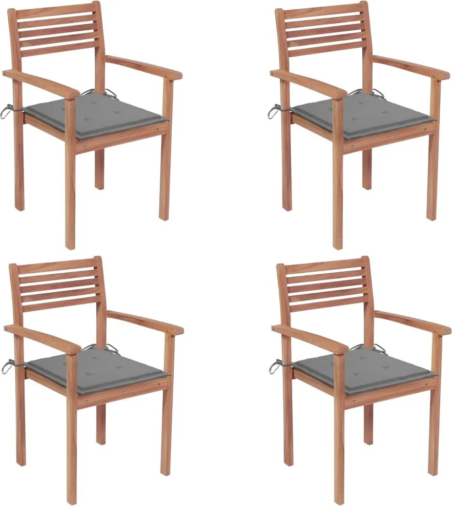 vidaXL Cadeiras de jardim c/ almofadões cinzentos 4 pcs teca maciça