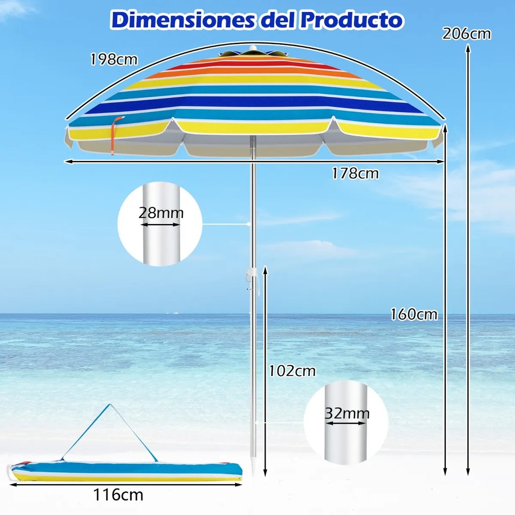Guarda-sol de praia portátil com inclinação ajustável e saco de transporte para jardim, pátio, exterior 198 x 213 cm Multicolor