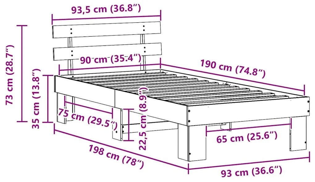 Estrado de Cama com Cabeceira 90x190 cm Madeira Maciça de Pinho