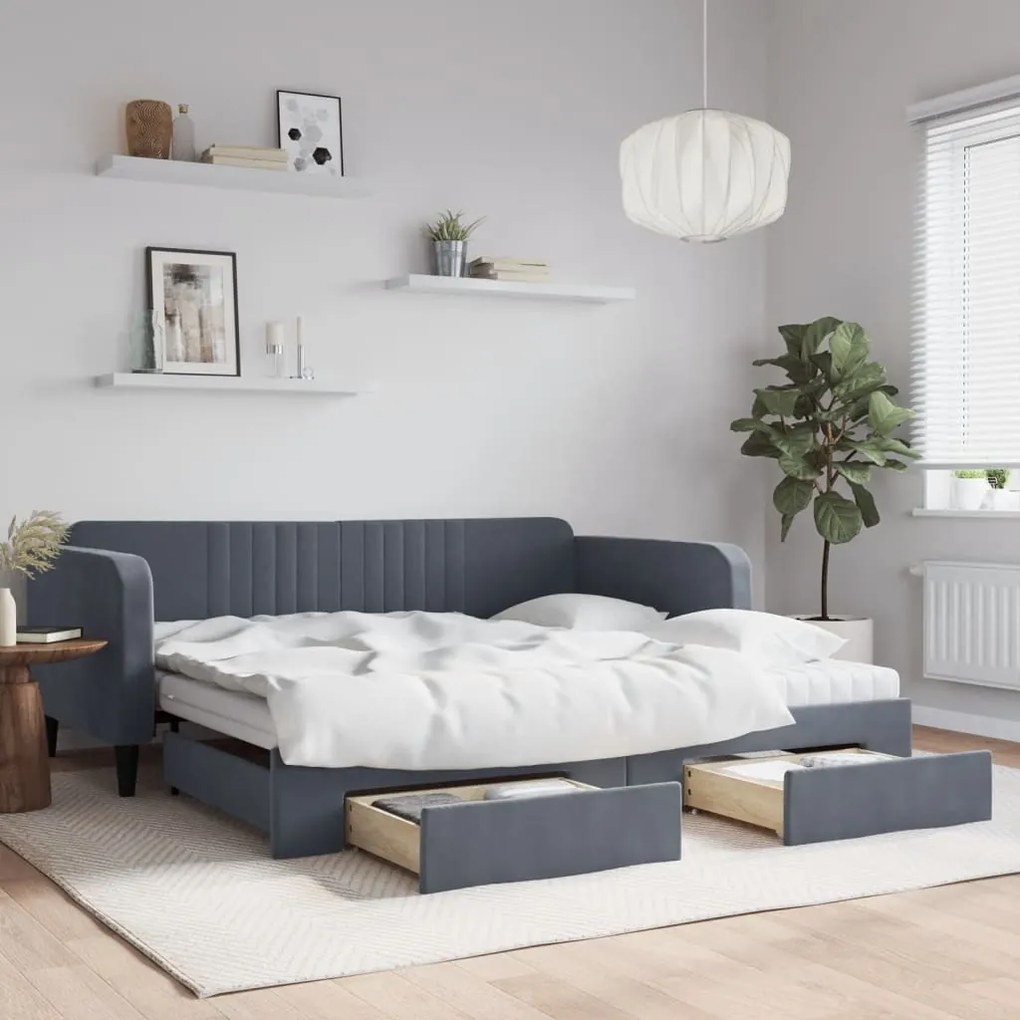Sofá-cama c/ gavetão e gavetas 100x200cm veludo cinzento-escuro