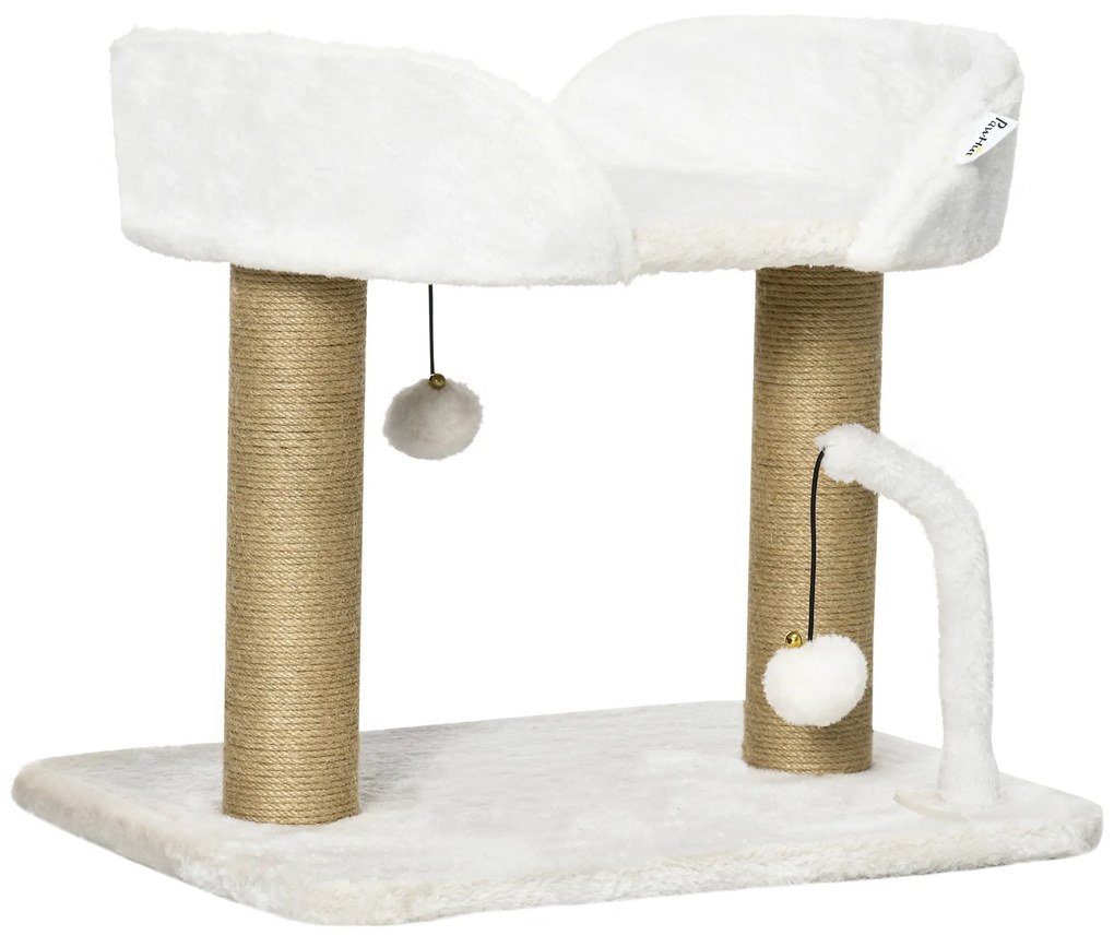 Arranhador para Gatos Pequenos Altura 42 cm Arranhador para Gatos com Cama Bolas Supensas e Postes de Juta 48x38x42 cm Branco