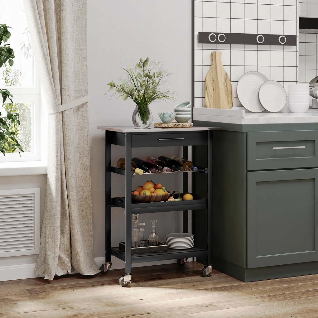 Carrinho de cozinha com prateleira para garrafas, 60L x 40P x 85A cm, tabuleiro em aço inoxidável. Preto