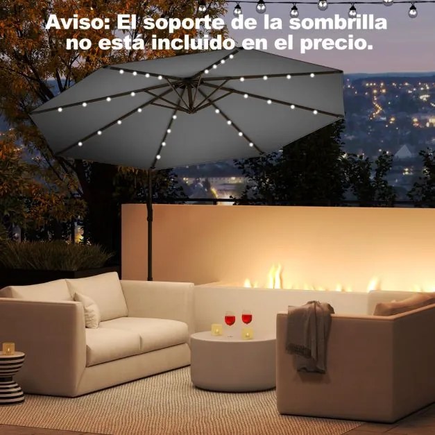 Guarda-sol exterior de 3 m com rotação de 360° e 32 luzes LED Ajuste fácil da inclinação Manivela Cinzento