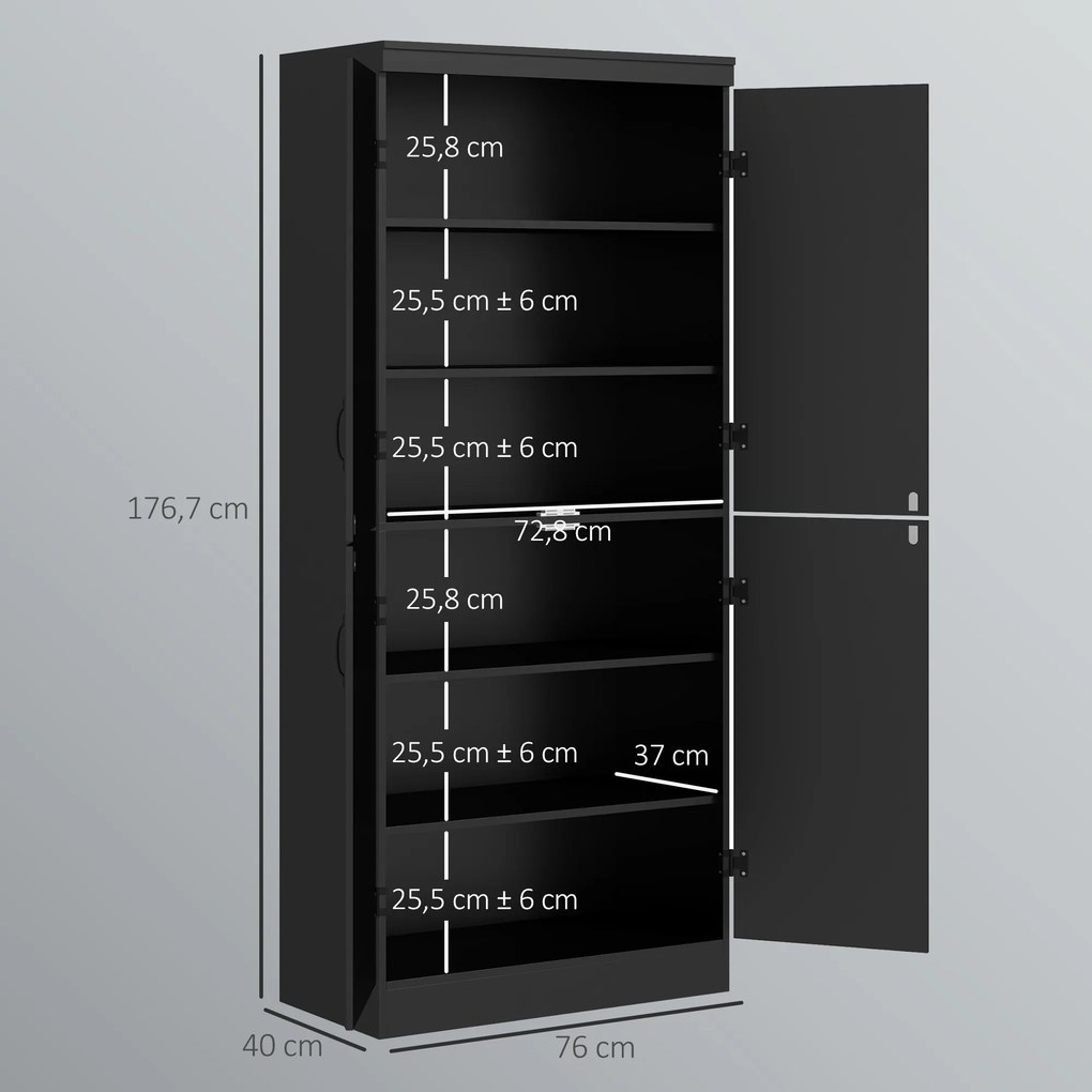 Armário de cozinha 76 x 40 x 176,7 cm, com 4 portas, 6 níveis e prateleiras ajustáveis, preto