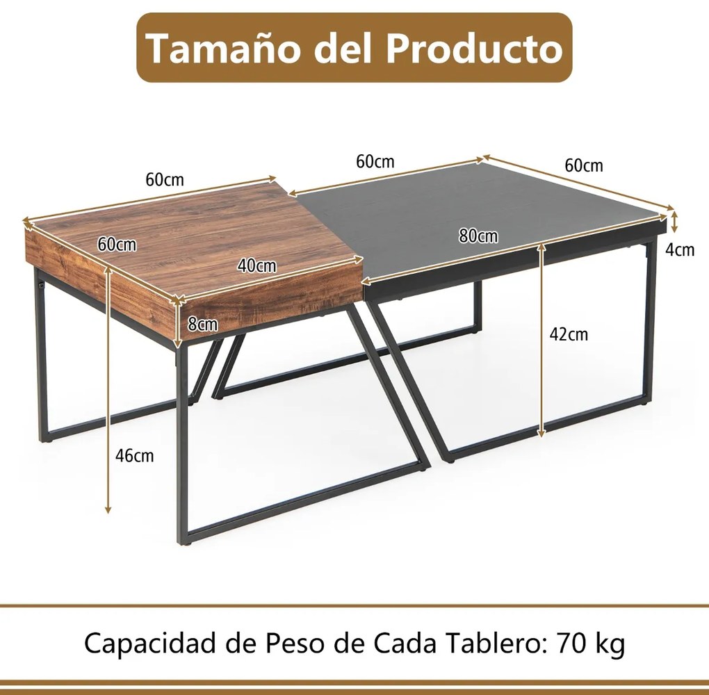 Conjunto de 2 mesas de centro empilhável Mesa de apoio para sala de estar Escritório Quarto Moderno 120 x 60 x 46 cm  Preto