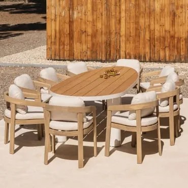 Conjunto De Mesa Oval Taneli, 260x110 Cm, Feito De Alumínio E Madeira De Teca, E 10 Cadeiras De Jardim De Madeira De Acácia Ulen Madeira De Teca -