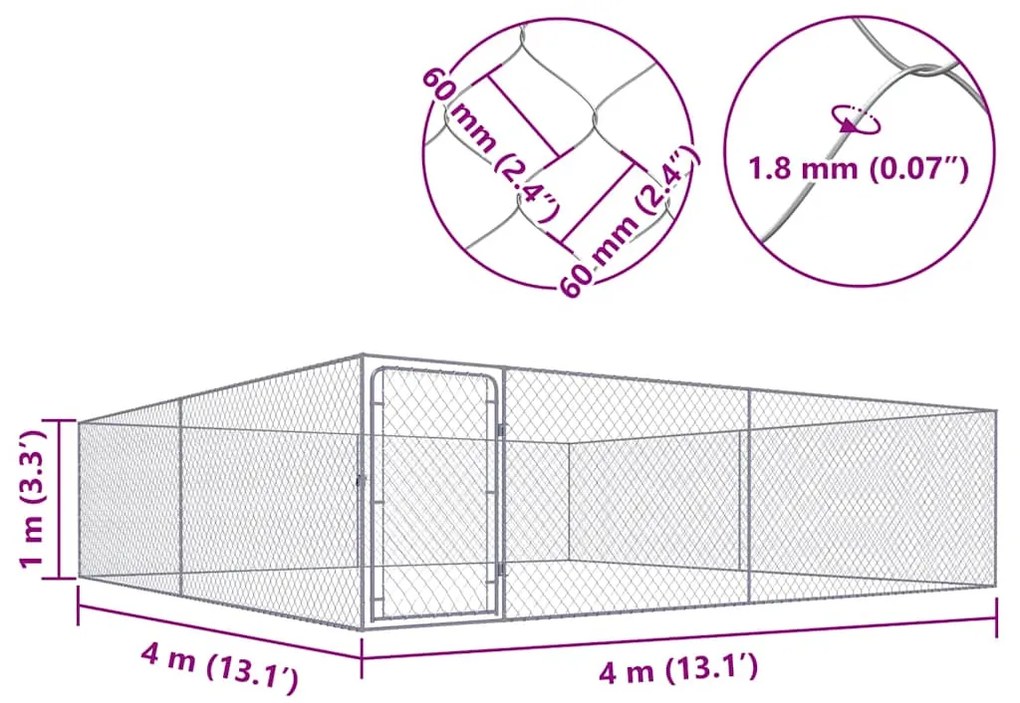 Canil de exterior em aço galvanizado 4x4x1 m